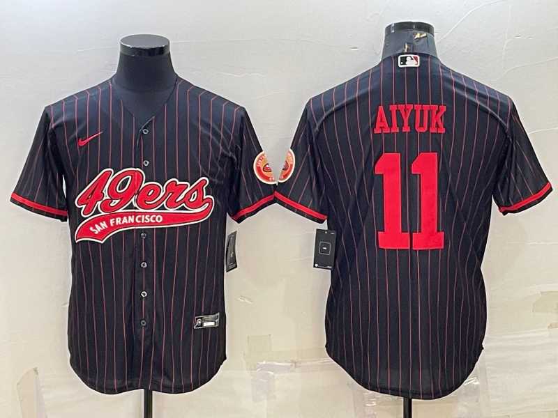 Men%27s San Francisco 49ers #11 Brandon Aiyuk Black Pinstripe With Patch Cool Base Stitched Baseball Jersey
